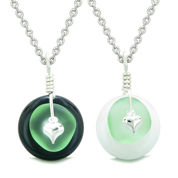Sea Glass Yin Yang Love Couples BFF Set Mint Green Heart Black Agate Crystal Quartz Donut Amulet Necklaces 
